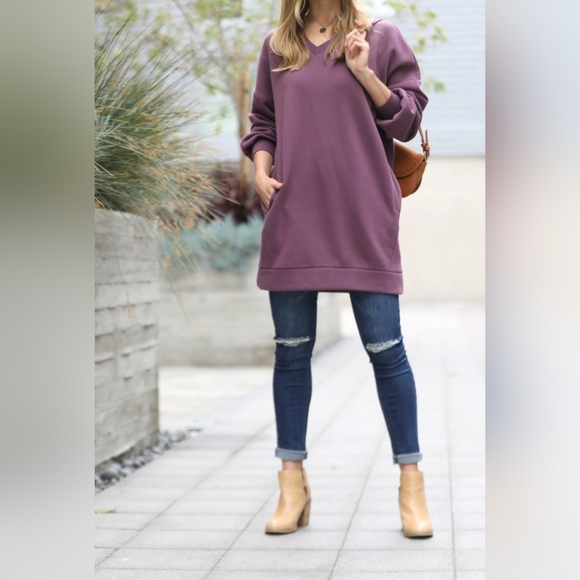NEW! BOHO CHIC V-Neck Sweatshirts Tunic Dress Top w/ Pockets - Picture 1 of 3